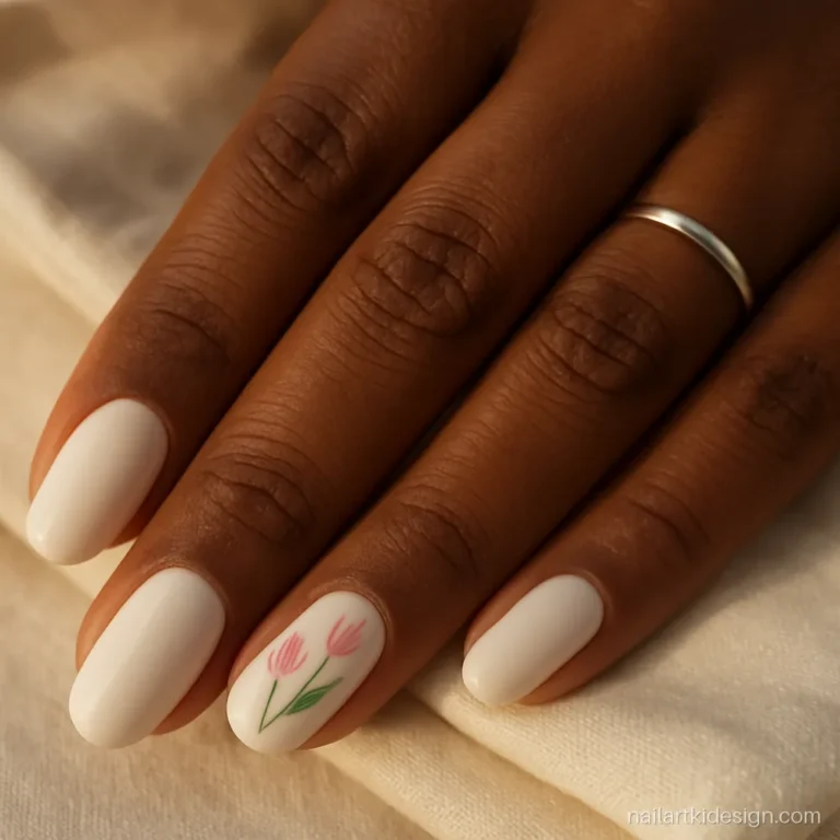 Easy nail art designs for beginners with dragged dot pink tulips and green stems