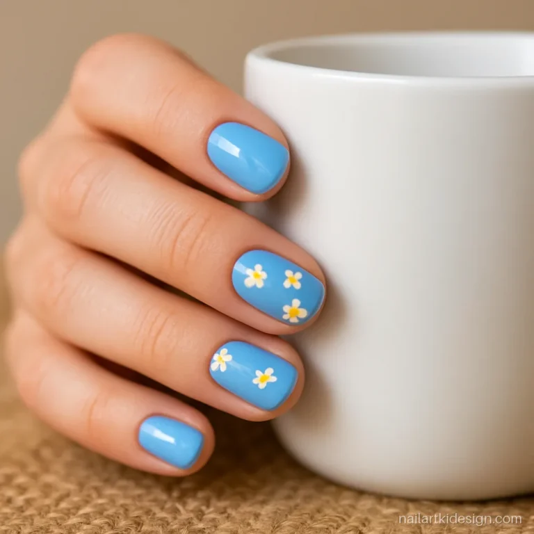Sky blue nails with white five dot daisies and yellow centres