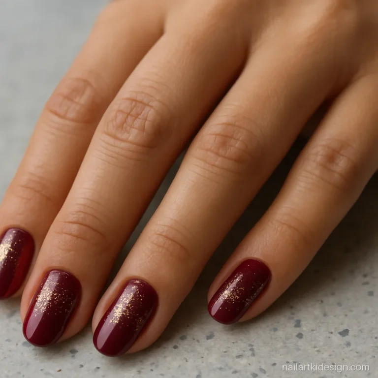 Wine nails with glitter painted over the top half of each nail