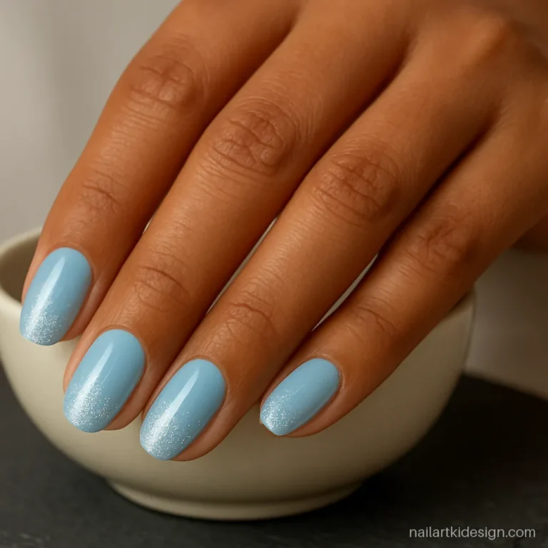 Light blue nails with silver glitter sponged at the tips for a fade