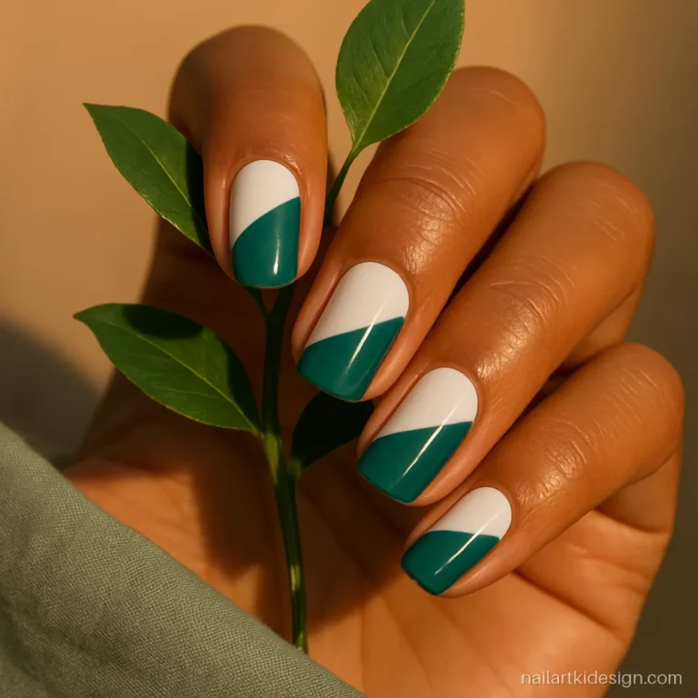 Easy nail designs with a diagonal teal and white split made using tape