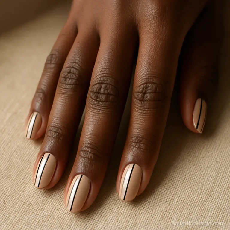 Beige nails with two thin black stripes made by pulling tape lines