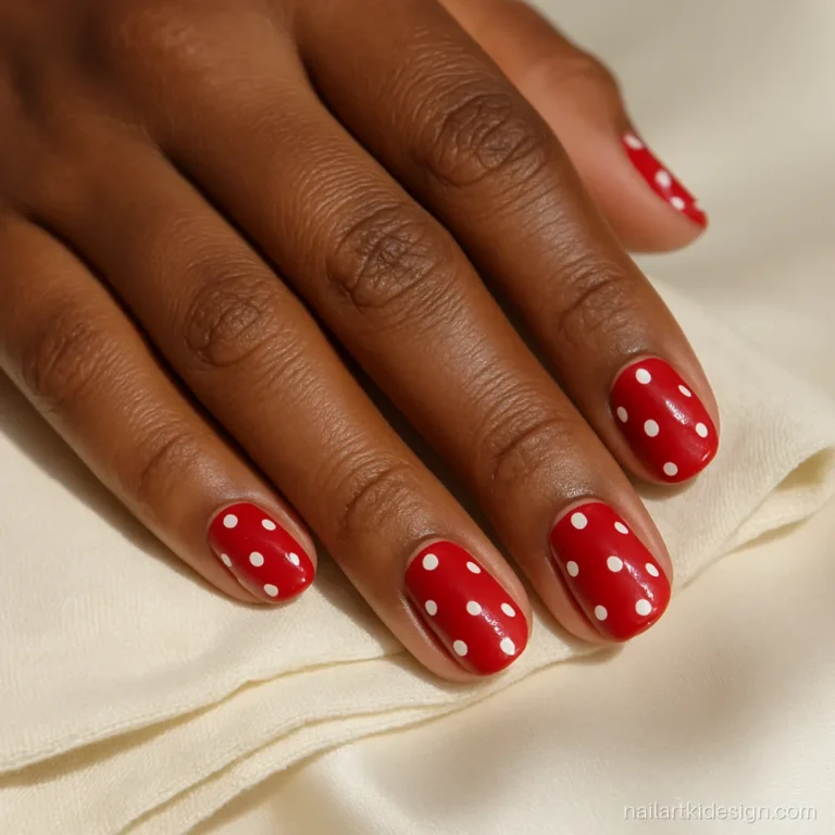 Easy nail art with red nails and white polka dots made with a toothpick