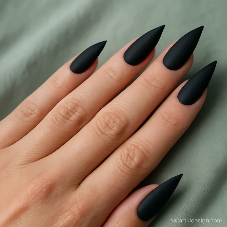 Black nail extensions in a matte finish on long stiletto nails