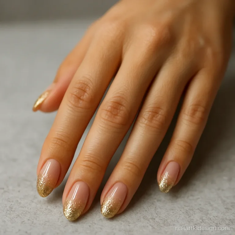 Glitter nail extension set with gold glitter tips on medium almond nails