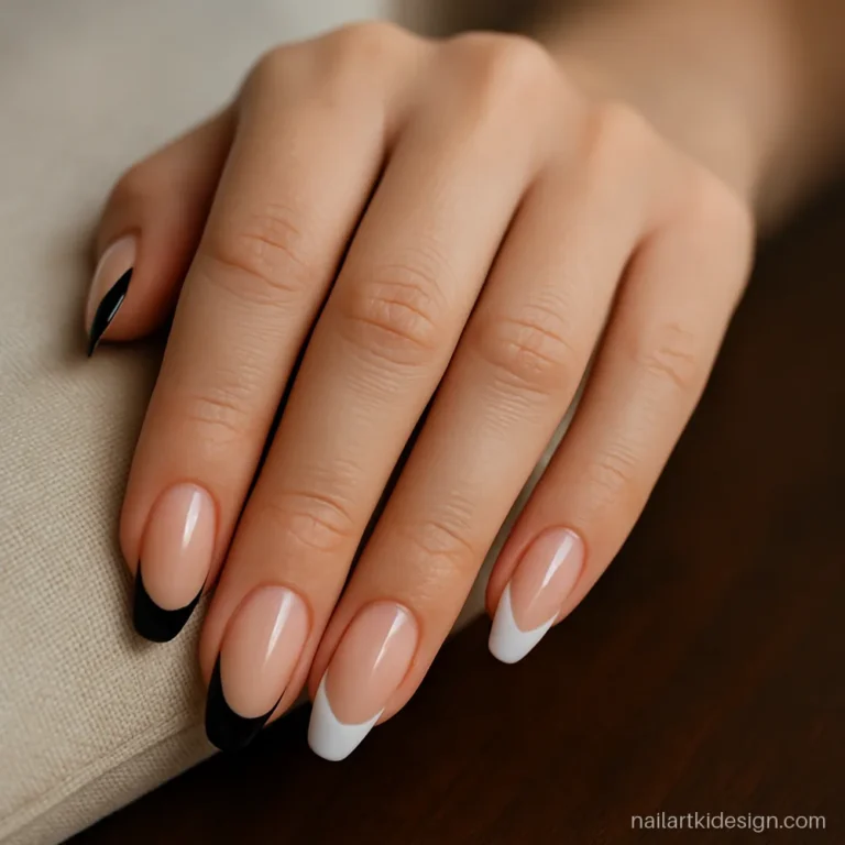 Nude almond extensions with alternating black and white French tips