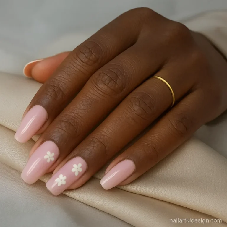 Pink nail extension designs with white hand-painted flowers on medium coffin nails