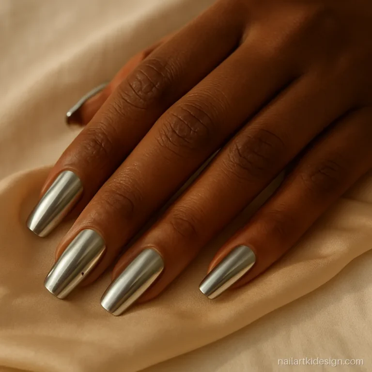 Nail extension chrome design in silver on long square nails for parties