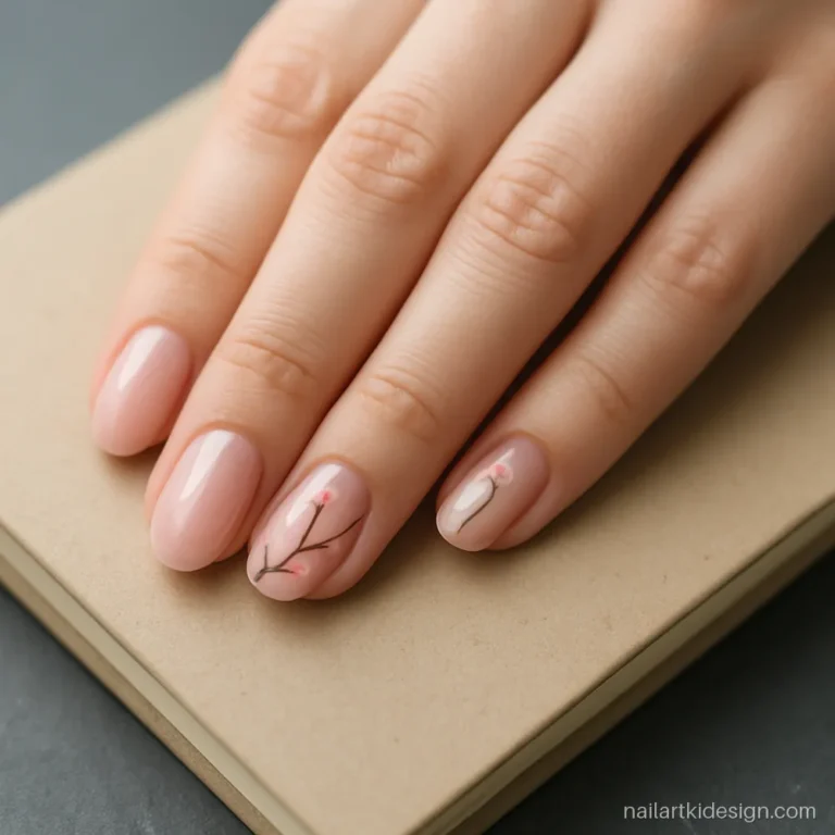 Cherry blossom nail art with brown branches and pink blossoms on sheer pink