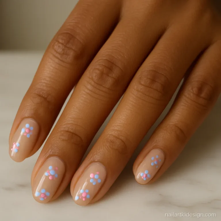 Nude nails with pink and blue dot flowers made with a toothpick