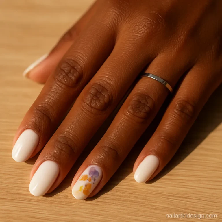 Dried flower nail art with real pressed petals on a milky white accent