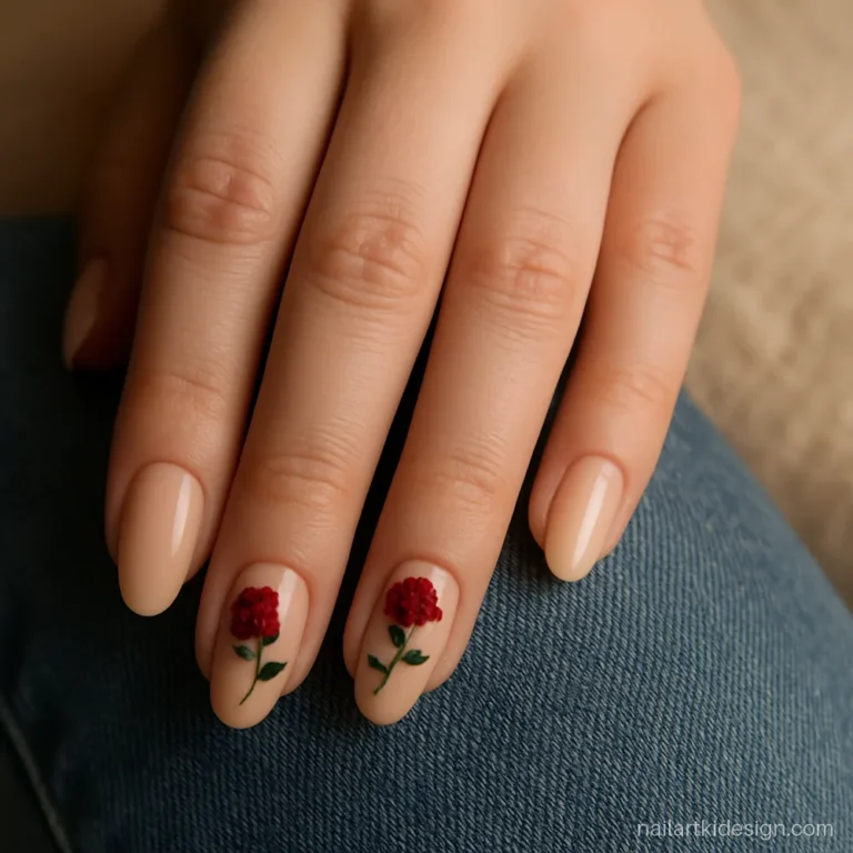 Hand painted red roses with green leaves on nude almond nails