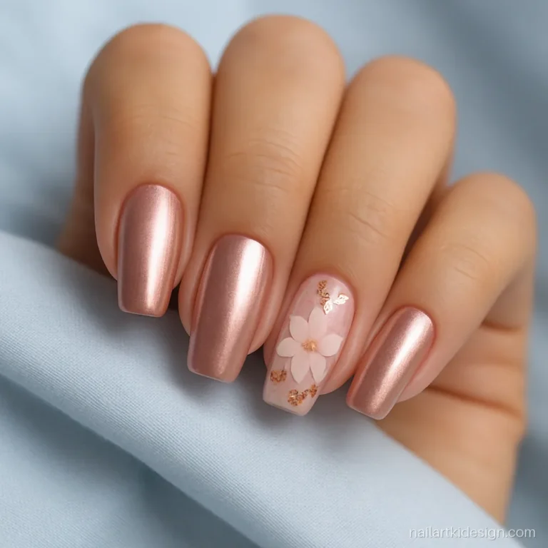 Rose gold nails with pale pink painted flowers and foil on the accent
