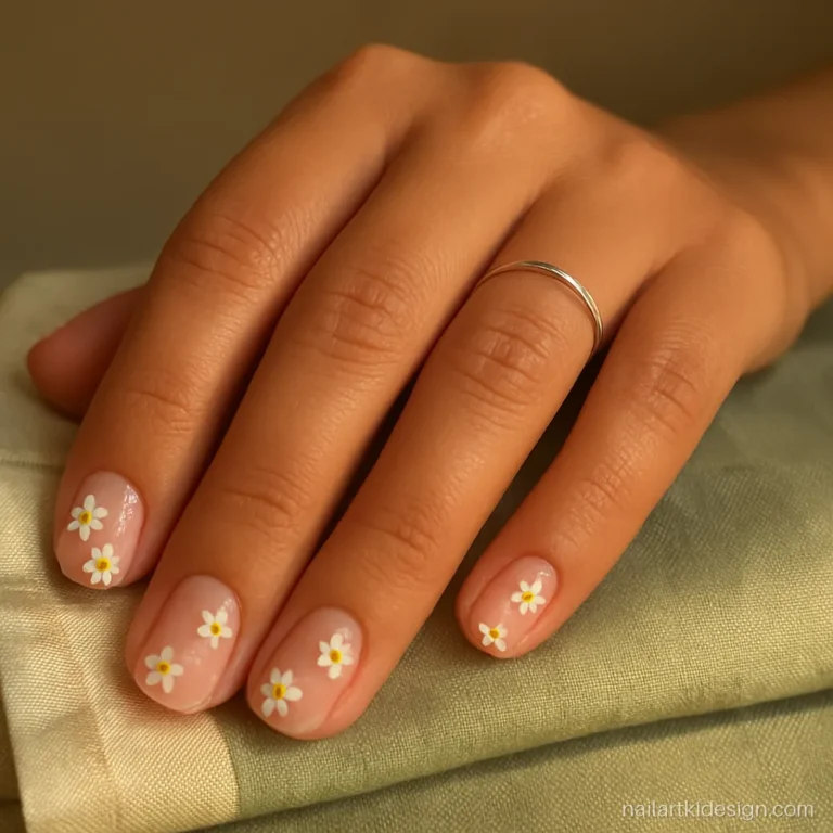 Flower nails with tiny white daisies scattered on clear natural nails