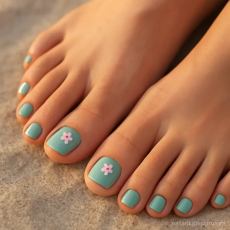 Mint toe nails with tiny pink blossom flowers on the big toes