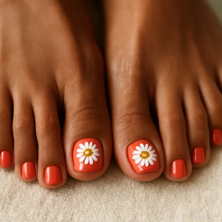 Coral toe nails with one white daisy on each big toe