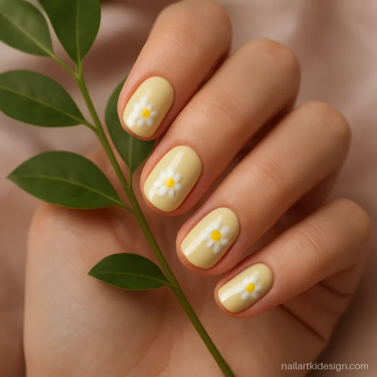 Simple flower nail designs with white dot daisies on pale yellow short nails