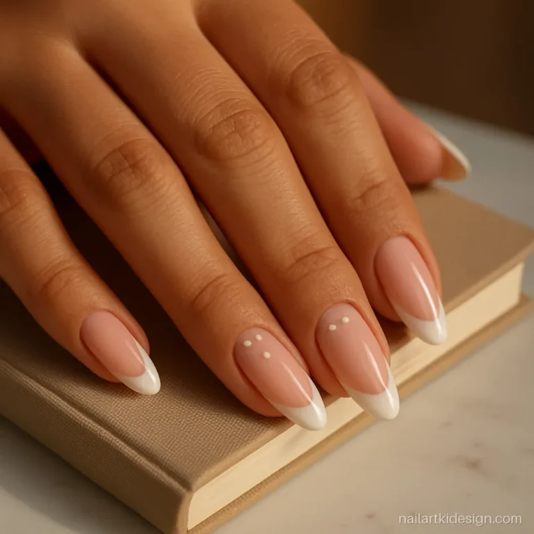 Almond French manicure nails with white tips and small pearl studs at the base