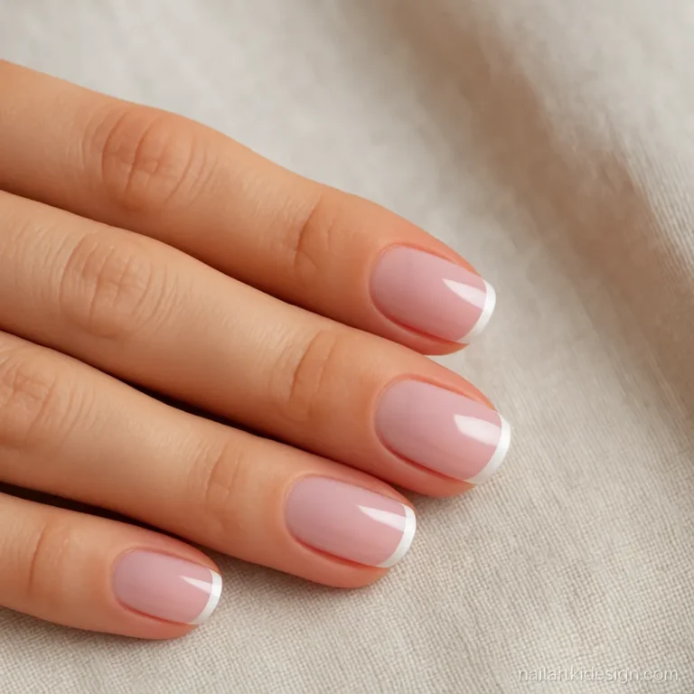 Classic French tip nails with thin white tips on short square nails
