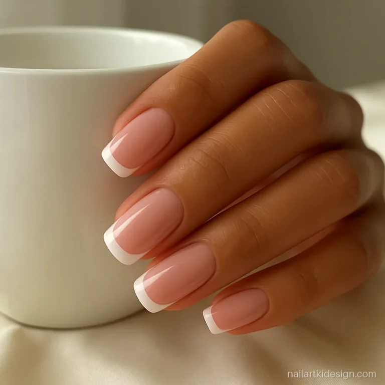 Gel French polish nails with soft white tips on medium square nails