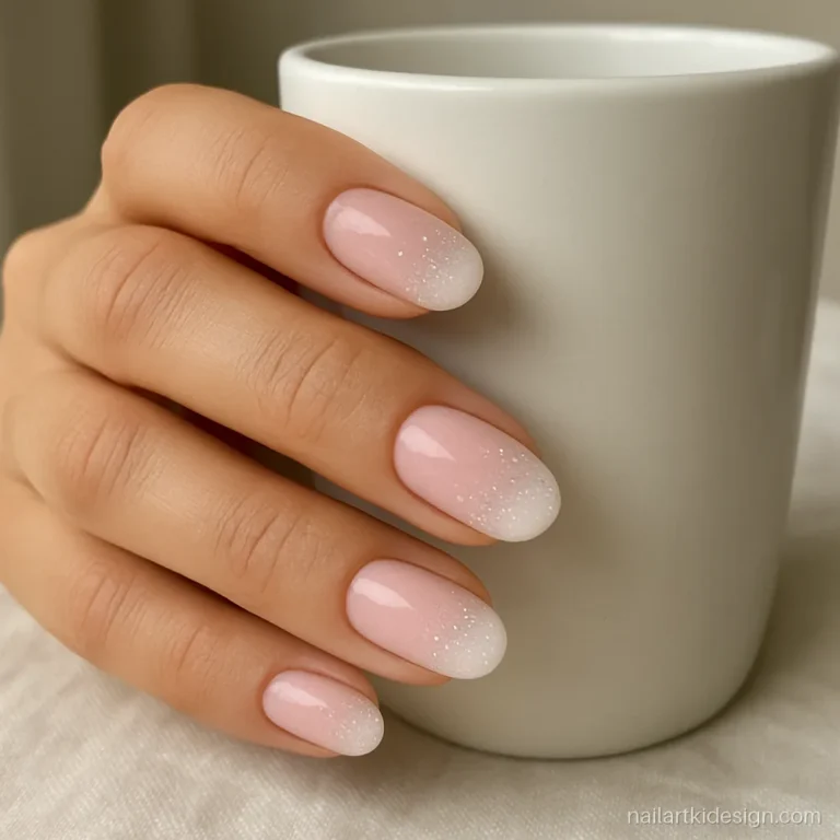 French ombre nails with fine silver glitter over the white tips on oval nails