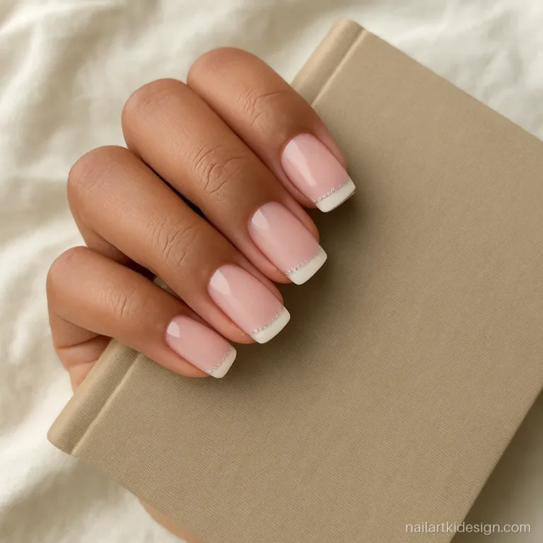 White French manicure with a thin silver glitter line under the tip on square nails