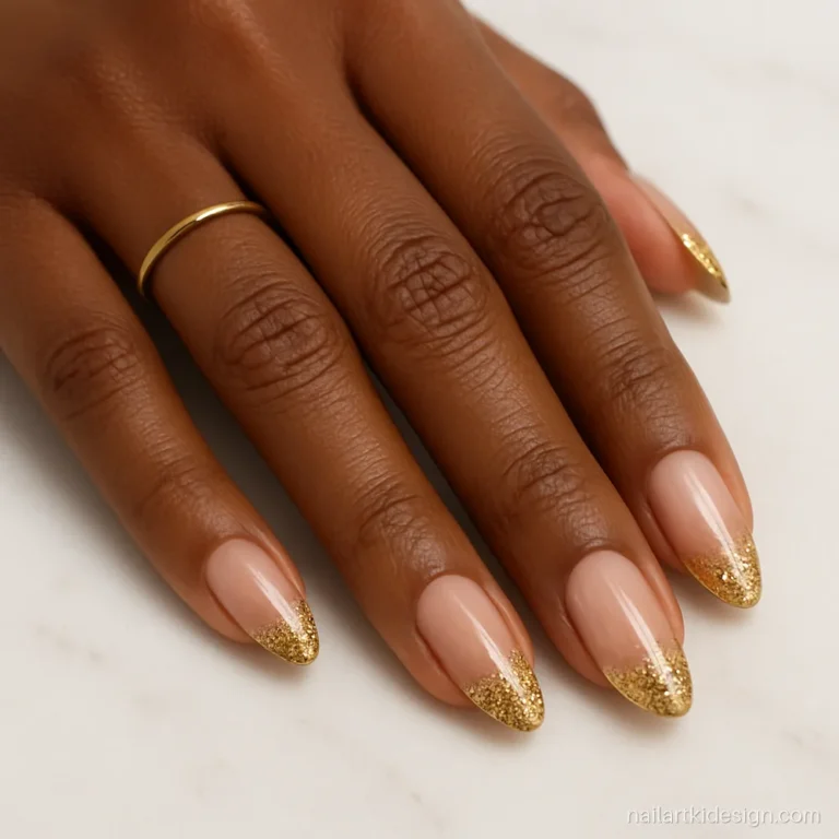 Gold glitter French tip nails on medium almond nails with a nude base