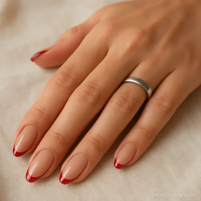 Red French tip nails with glossy cherry red tips on medium almond nails
