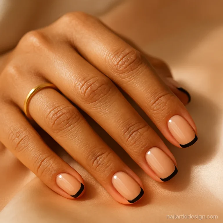 Short square nails with black French tips over a sheer nude base