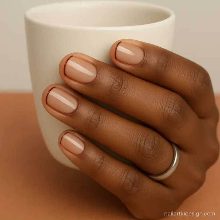 Short nails with a reverse French manicure in maroon near the cuticle