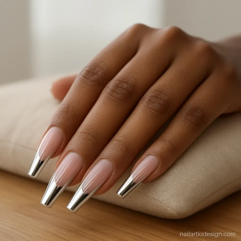 Chrome French nails with silver metallic tips on long coffin nails