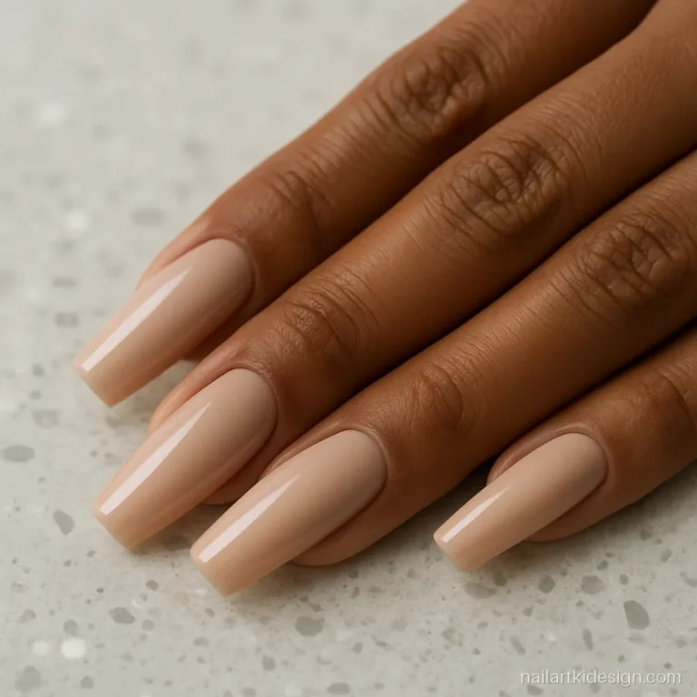 Long nude acrylic nails in coffin shape showing a strong thick finish