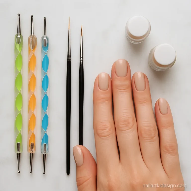 Flat lay of nail art tools with dotting tools and thin striping brushes