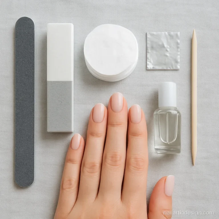 Flat lay of a gel nail removal kit with cotton, foil and a pusher