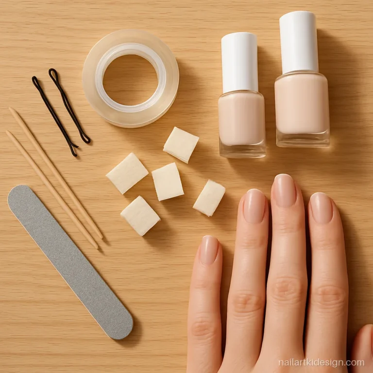 Flat lay of household items used for nail art like tape and toothpicks