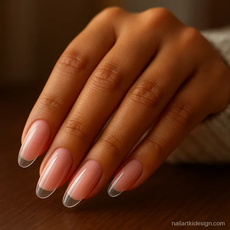 Gel nail extensions in soft pink almond shape with a glassy shine