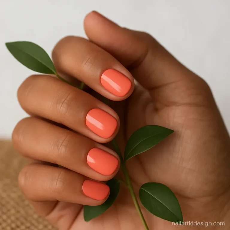 Short round natural nails with regular coral nail polish