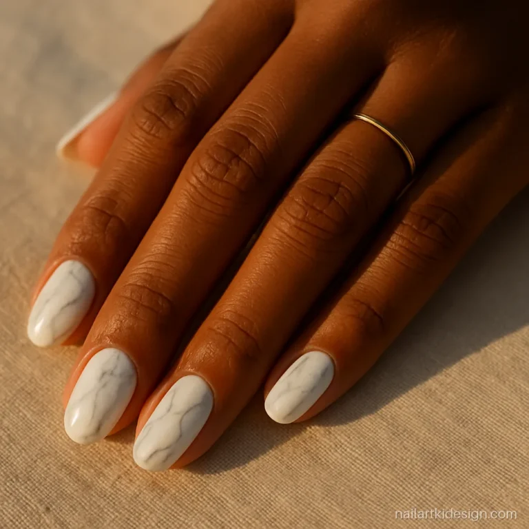 Marble nail art type with white and grey veins on oval nails