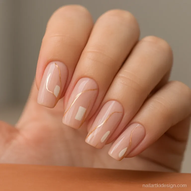 Gel polish nail art designs with abstract gold lines on nude coffin nails