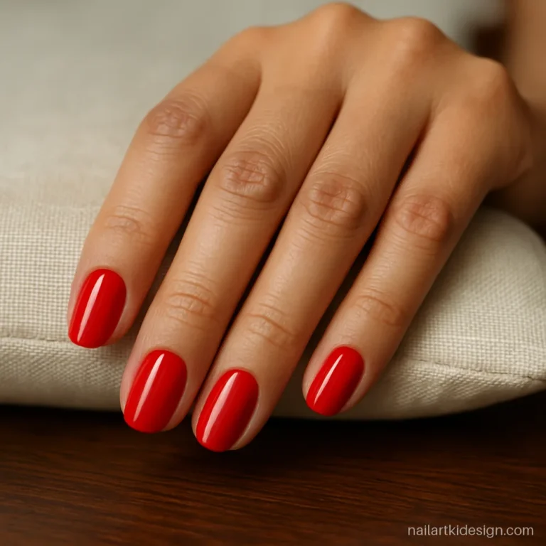 Glossy cherry red gel nails on medium round nails for festive days