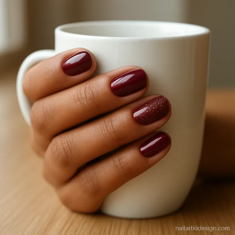 Maroon gel nails with gold glitter accent nails on medium almond nails