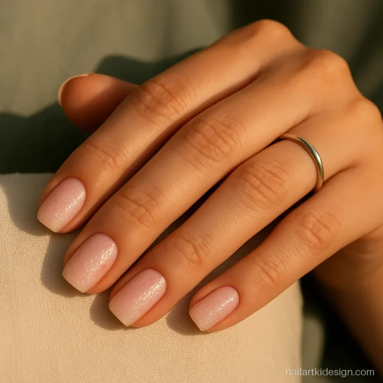 Pink sparkle gel polish gradient from cuticle to tip on short squoval nails