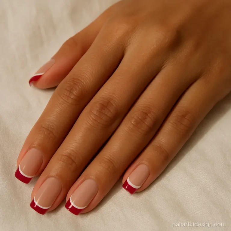 Red and white gel nails with a double line French tip on square nails
