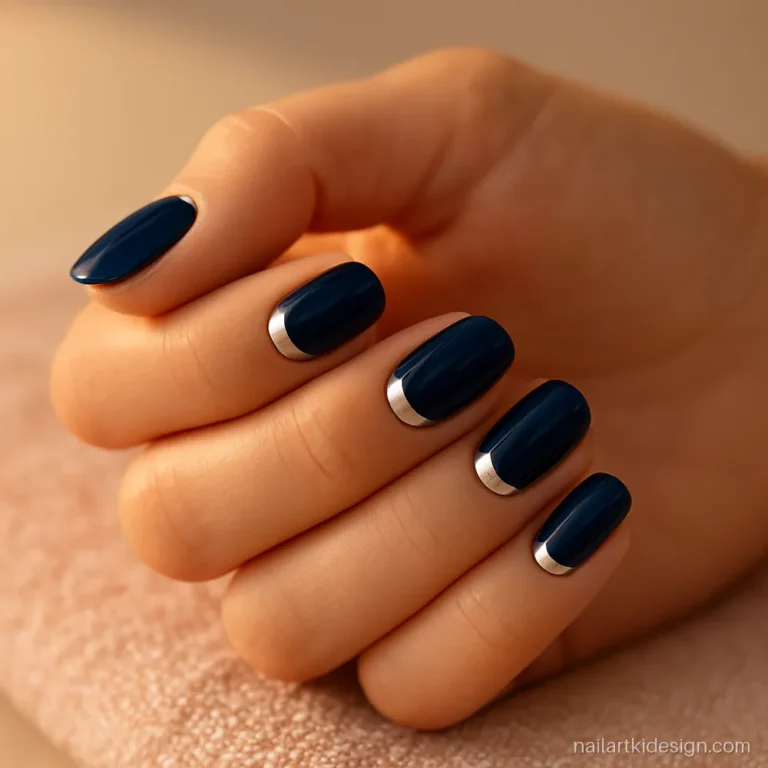 Short navy blue gel nail ideas with a silver half moon at the cuticle