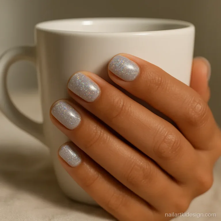 Short square nails with silver holographic glitter that shows rainbow flecks