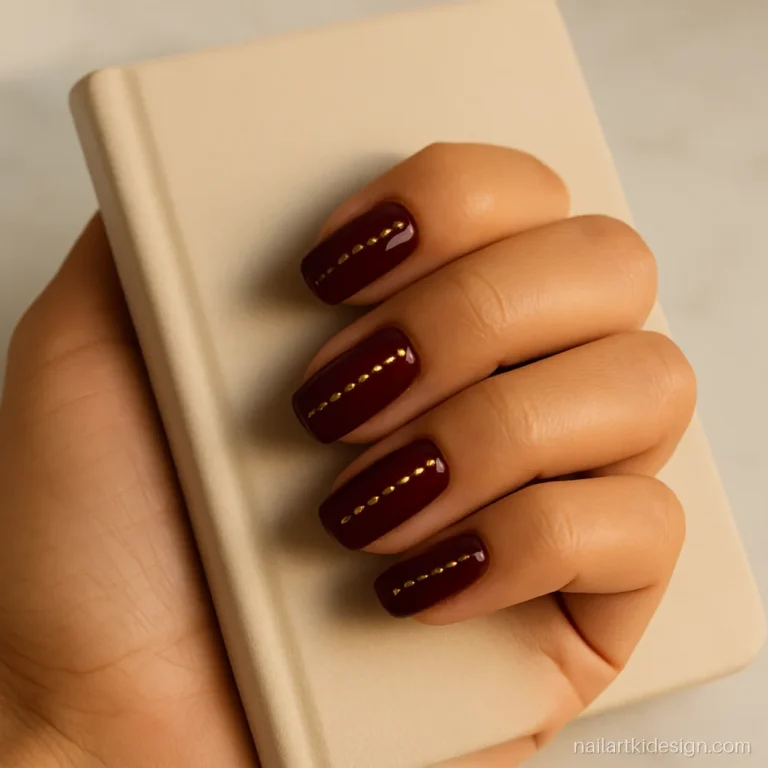 Maroon square nails with a line of tiny gold studs on each nail