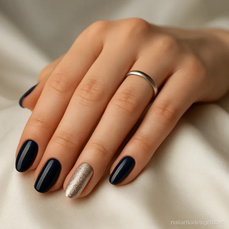 Navy blue almond nails with two silver glitter accent nails