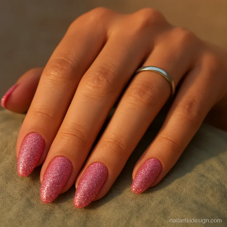 Pink glitter nails fully coated in fine sparkle on medium almond nails