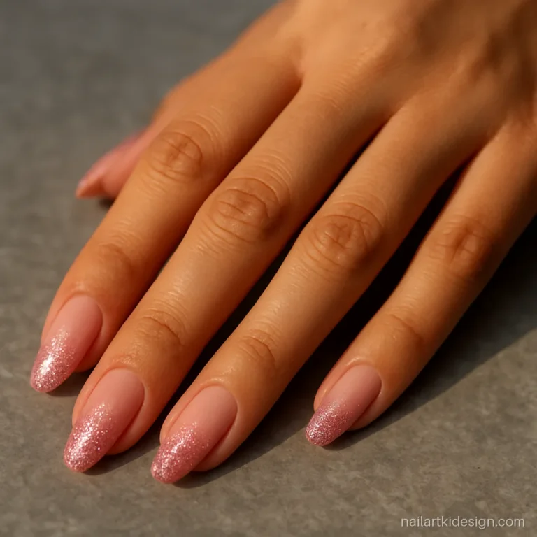 Pink glitter nail art with a soft gradient from tip to middle on almond nails