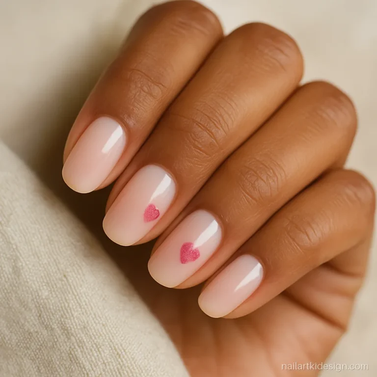 Pink glitter nail art designs with tiny glitter hearts on oval nails